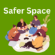 Grafische Darstellung von im kreis sitzenden Menschen auf grünem Hintergrund mit der weißen Überschrift Safer Space