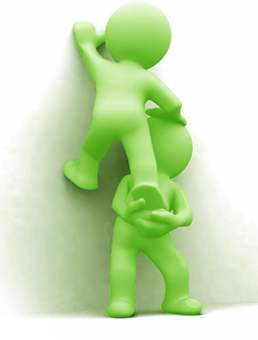 Das Bild zeigt zwei grüne Figuren die versuchen durch "Räuberleiter" ein Hinderniss zu überwinden.