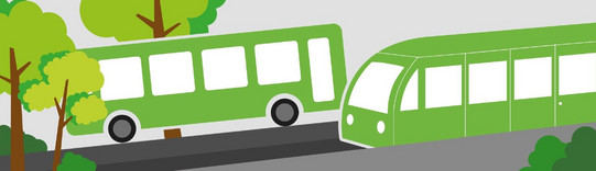 Graphic of two green buses driving along a tree lined road.