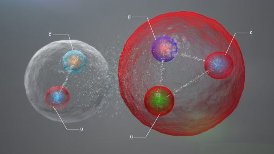 The illustration shows a pentaquark particle, two spheres side by side, each containing two and three smaller spheres, respectively.