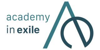 Logo of Academy in Exile: a capital „A“ with the right side merging into a lower case „e“. The short line the merged letters share acts as a lower case „i“.