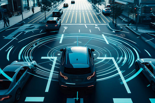Mehrere Autos und einige Fußgänger in einer futuristisch wirkenden Straßenverkehrssituation. Auf der Straße deuten Kreise die Sensor-Technik eines intelligent fahrenden Autos an.