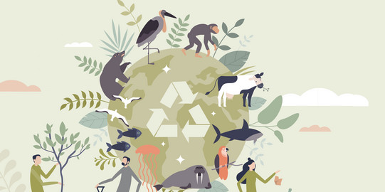 Graphic in restrained natural tones, symbolizing biodiversity, various animals grouped around the globe, people working below