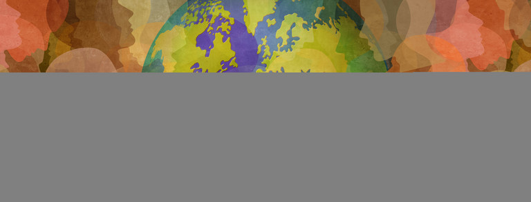 Grafik einer Weltkugel, die links und rechts von sich überlagernden menschlichen Köpfen im Profil eingerahmt wird, die farblich in Rottönen gehalten sind