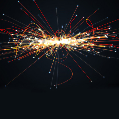 Teilchenkollision im Hadronenbeschleuniger, bunte durcheinander wirbelnde Strahlen