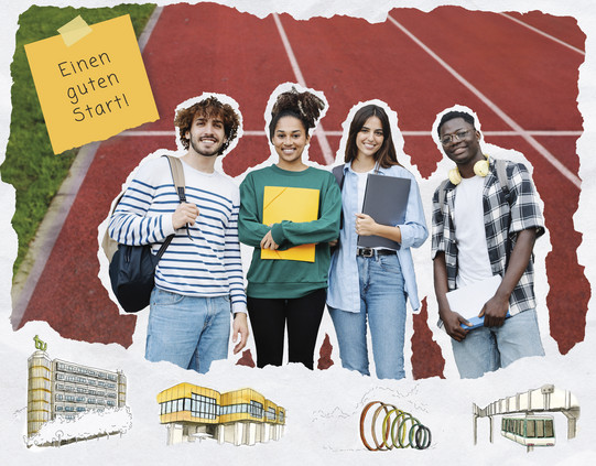 Vier Studierende stehen im Fokus. Im Hintergrund ist eine rote Laufbahn abgebildet. Oben links ist ein Notizzettel mit der Aufschrift ‚Einen guten Start!‘ zu sehen, unten sind gezeichnete Gebäude und Symbole der TU Dortmund abgebildet.