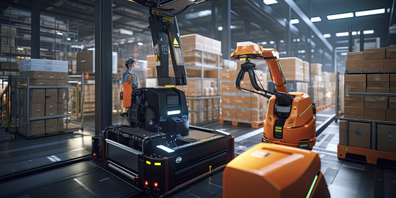 Zu sehen ist ein KI-generiertes Bild eines "smart warehouse", also einem Lager, das durch Roboter unterstützt wird.