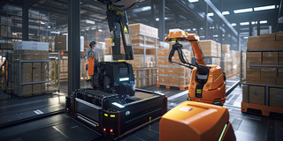 Zu sehen ist ein KI-generiertes Bild eines "smart warehouse", also einem Lager, das durch Roboter unterstützt wird.