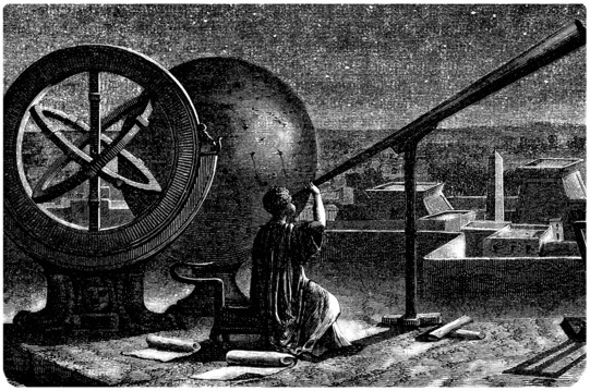 Eine schwarz-weiß Illustration von einer Person, die mit einem Teleskop den Nachthimmel anschaut.