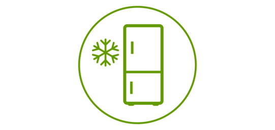 Grünes Icon eines Kühlschranks mit einem Eiskristall daneben, grün umrandet