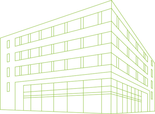Eine grüne zeichnung, die die Umrisse und Konturen eines Universitätsgebäudes zeigt, auf weißem Grund.