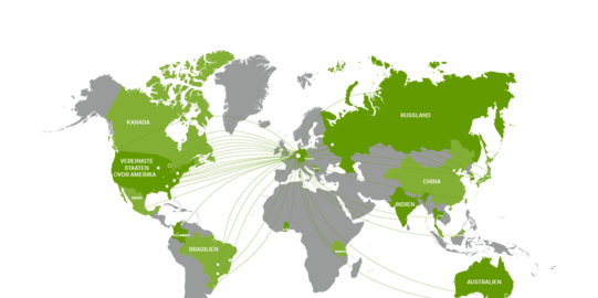 Weltkarte TU international Weltkarte mit Markierungen der Kooperationspartner
