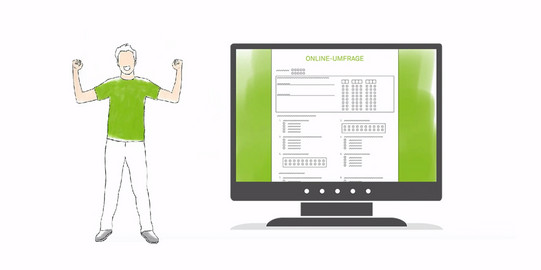 Online survey Screen with online survey sheet and person drawn in cheering position