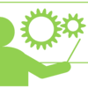 Icon Lehrveranstaltungsmeldung - Personensilhouette zeigt mit einem Stock auf eine Leinwand, auf der 2 Zahnräder abgebildet sind; Piktogrammdarstellung