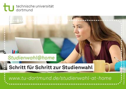 Studienwahlathome Postkarte Frau vorm Laptop mit Text Schritt für Schritt zur Studienwahl