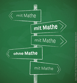 Mehrere Wegweiser mit dem Text "mit Mathe" und "ohne Mathe" in unterschiedliche Richtungen zeigend.