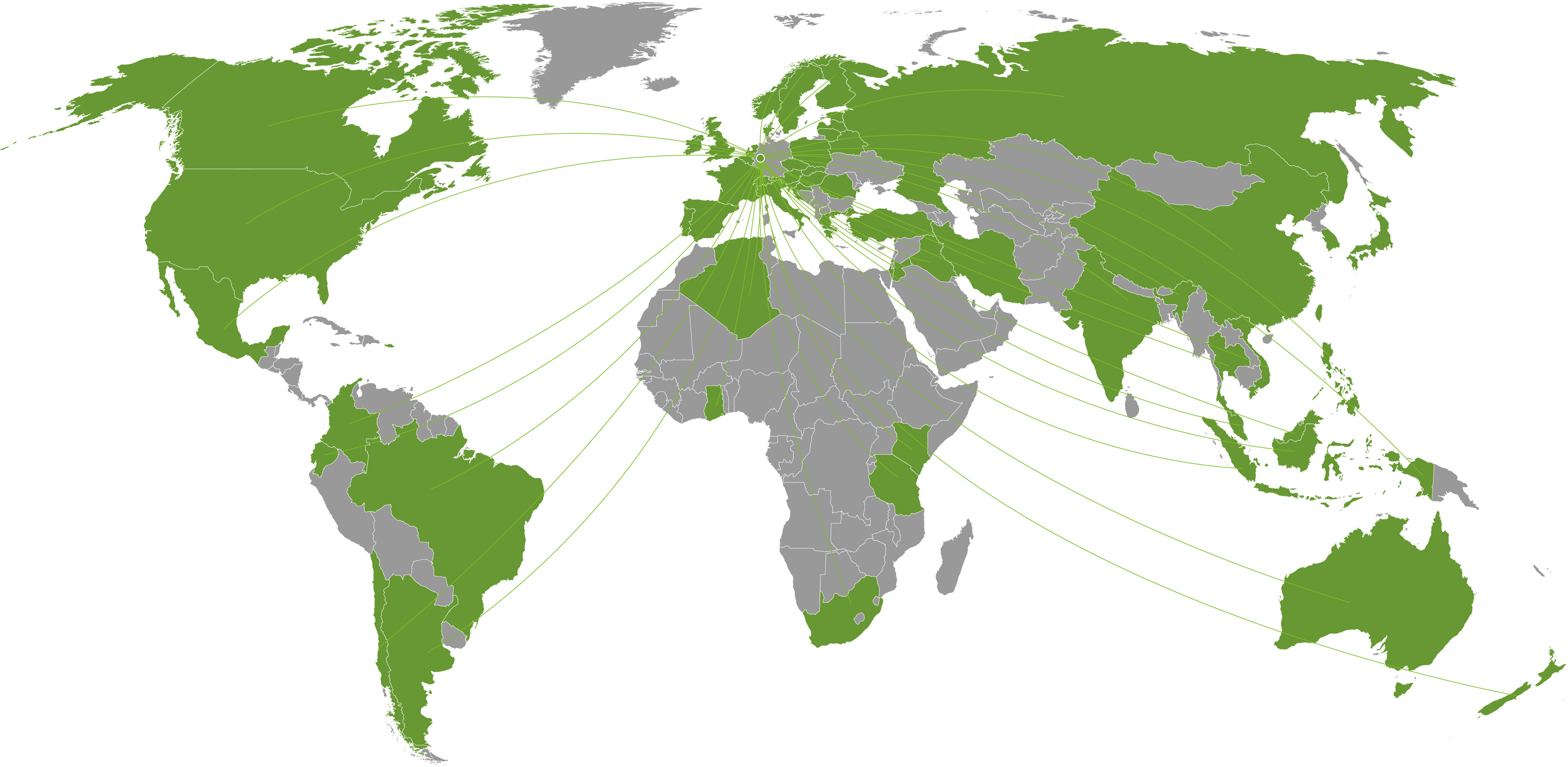 Weltkarte Graphic design of a green and grey world map. Countries with universities that cooperate with TU Dortmund University are shown in green.