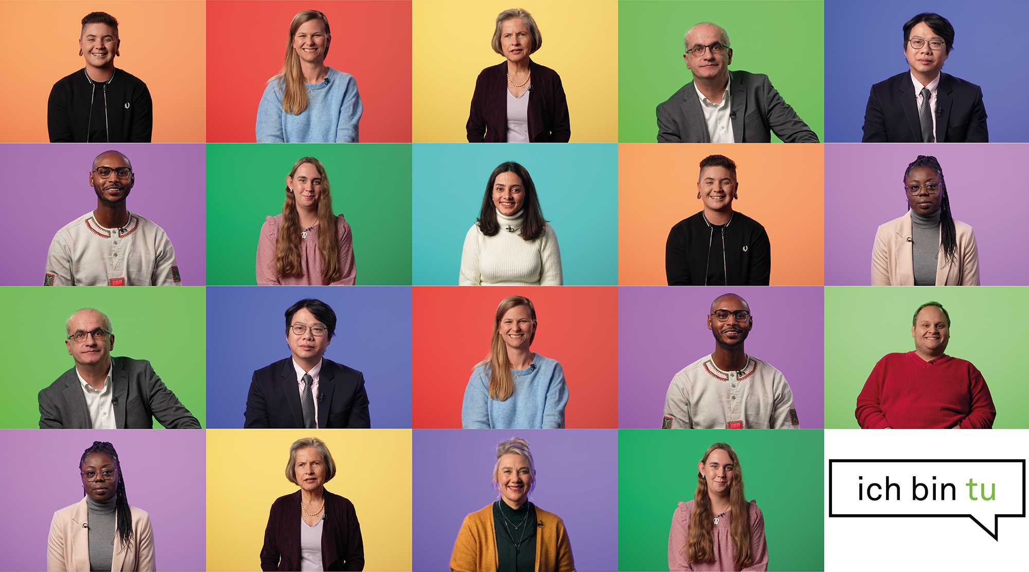 19 people are arranged individually against colorful backgrounds in a rectangle with 4x5 tiles. The bottom rightmost tile contains a speech bubble with the words "I am tu".