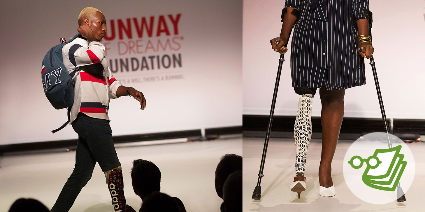Eine Foto-Collage zeigt zwei Fotos von Models mit körperlichen Behinderung auf einem Laufsteg. 