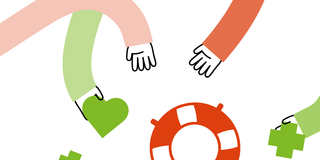 Three hands reaching toward a green heart shape in the center