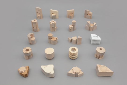 Vielfältige Modelle aus Holz zu einem Masterentwurf