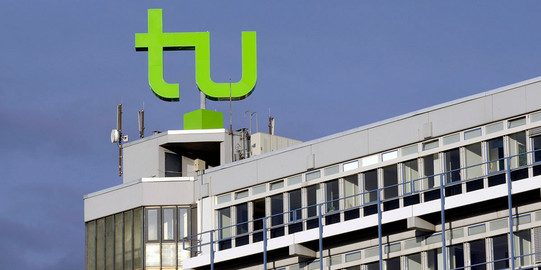 The TU logo on the Mathetower 