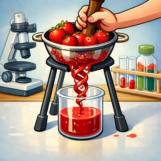 Erdbeeren werden in einem Sieb mit einem Stößel zerdrückt, roter Saft fließt in ein Becherglas darunter. Im Hintergrund stehen ein Mikroskop und Reagenzgläser.