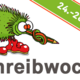 Foto: Animiertes Bild mit einem grün-roten Fabelwesen. Unter dem Fabelwesen steht in grauen Buchstaben "Schreibwoche". Über dem Fabelwesen steht "24.08-28.08.2026".