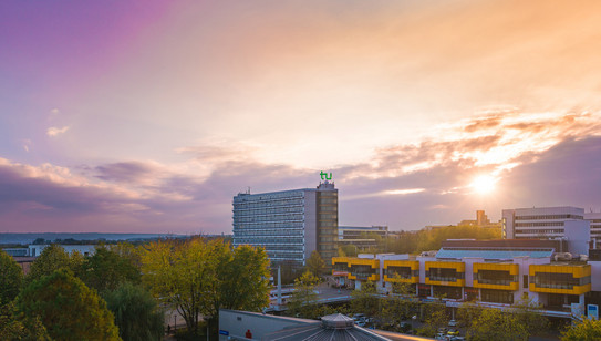 The Math tower and Mensa building during a sunset in summer.