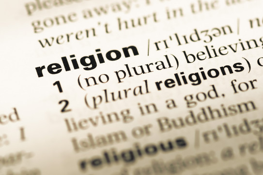 Dictionary entry for 'religion' with pronunciation and definitions, highlighted in bold.
