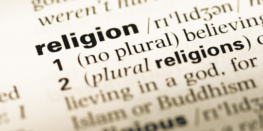 Dictionary entry for 'religion' with pronunciation and definitions, highlighted in bold.