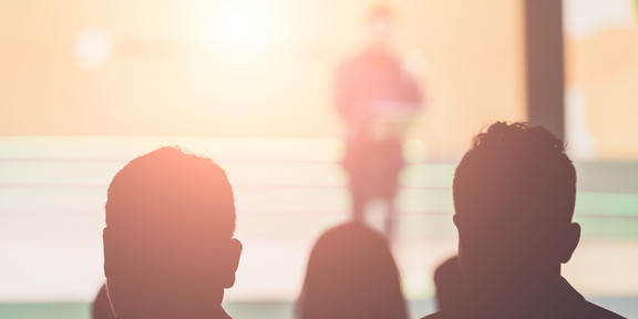 Vortragssituation Eine Person steht vor einem Publikum aus vier Menschen und hält einen Vortrag. Vom Vortragenden sind aufgrund des Sonnenlichts nur die Konturen erkennbar. Von den Personen im Publikum sieht man nur die Hinterköpfe.