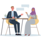 Die Illustration zeigt einen Mann und eine Frau, die sich an einem Tisch gegenübersitzen und sich unterhalten.