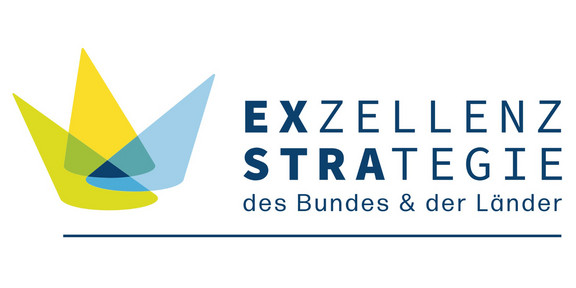 Logo of the Excellence Strategy of the Federal Government & the Federal States with blue lettering and yellow and blue triangles forming a crown.