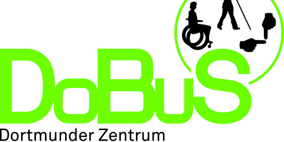 Logo von DoBuS: grüne Schrift auf weißem Hintergrund sowie ein Kreis mit schwarzen Silhouetten von Menschen mit Behinderungen