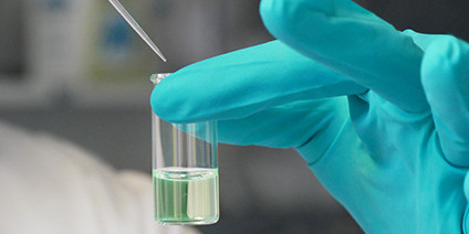 Hand in Laborhandschuh im Anschnitt, mit einer Pipette wird Lösungsmittel in ein keines Reagenzglas gegeben