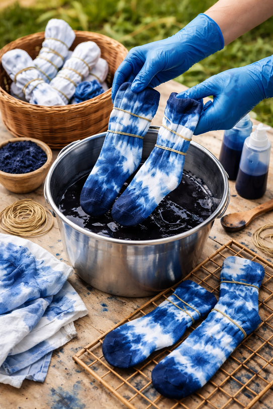 Weiße Socken werden mit blauer Farbe mit einem Muster eingefärbt.
