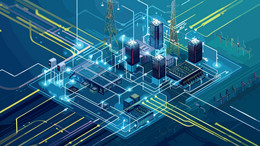 Eine computergenerierte Grafik zeigt ein Smart Grid, in dem verschiedene Energiespeicher, Server, Nutzungsstellen und Strommasten mit bunten Leitungen verbunden sind. Manche der Leitungen führen nach Außen weiter.