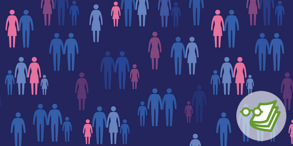 Auf einem blauen Hintergrund sind Figuren von Erwachsenen und Kindern in verschiedenen Familienkonstellationen abgebildet als Alleinerziehende, als kinderloses Paar oder als Regenbogenfamilie.