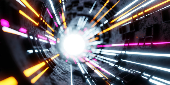 Foto: Leuchtender, futuristischer Tunnel mit farbigen Lichtstreifen.
