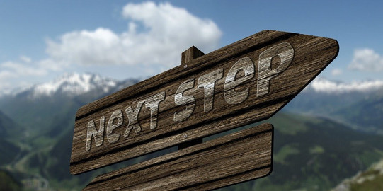 Wegweiser mit Beschriftung "Next Step" vor Berg-Landschaft