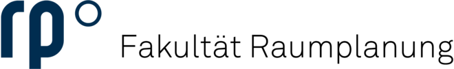 Das Logo der Fakultät Raumplanung. Blaue Schrift auf weißem Grund.