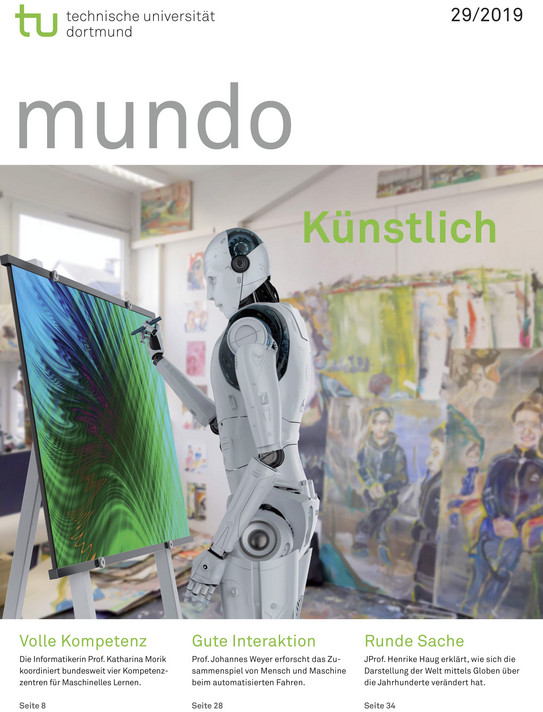 Titelbild der mundo zum Thema „Künstlich“ zeigt einen Roboter in einem Atelier, der ein Bild malt