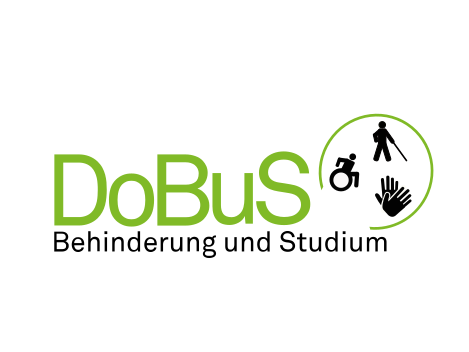 Logo von DoBuS mit den Worten 'Behinderung und Studium' und Symbolen für Rollstuhl, blindenführenden Stock und Gebärdensprache