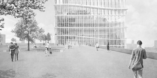 Grafik mit Menschen, die über die Mensabrücke laufen und einem mehrstöckigen Gebäude mit vielen Fenstern im Hintergrund.