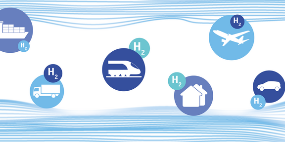 Illustration von Wasserstoff als Transportmittel: Wellenförmige Linien transportieren in Kreisen befindliche Gegenstände wie Pkw, Flugzeuge, Containerschiffe und Häuser