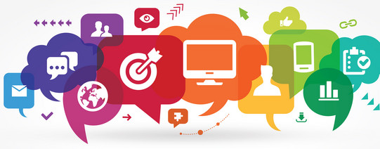 Colorful speech bubbles with icons including globe, target, computer, smartphone, and chart above the word 'COMMUNICATION' in rainbow colors.