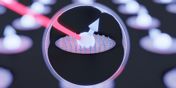 Grafische Darstellung eines Speicherknotens innerhalb eines Gitters, das durch einen Laserstrahl angeregt wird.