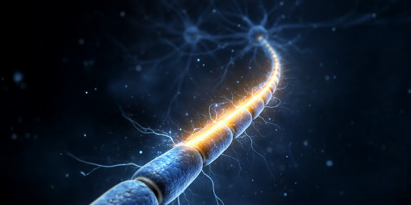 Animation eines Nervensignals in blauen Tönen. Das Signal wird durch einen gelben Streifen und Blitze verdeutlicht.