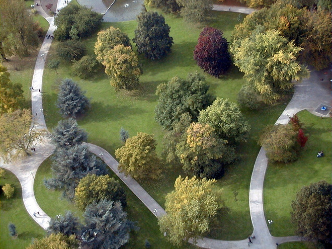 Luftaufnahme von Gehwegen zwischen Bäumen und Wiesen im Westfalenpark.